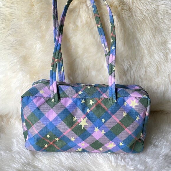 NWT Baggu Regular Nylon Bowler Bag - Green Star Plaid - Picture 2 of 10